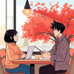 An illustration of a charming small coffee shop in Vancouver, featuring two individuals engrossed in conversation over two cups of coffee on the table