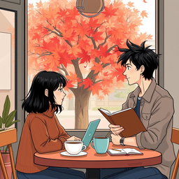 An illustration of a charming small coffee shop in Vancouver, featuring two individuals engrossed in conversation over two cups of coffee on the table