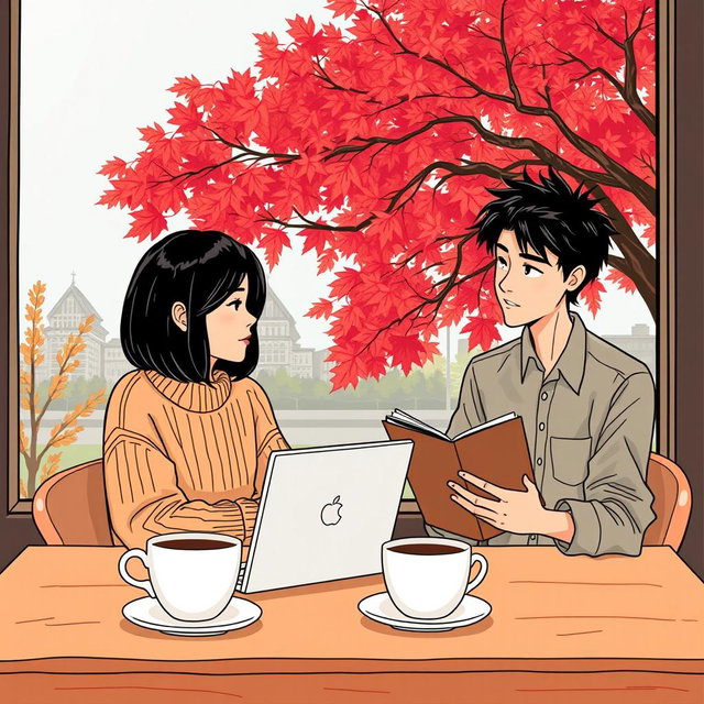 An illustration of a charming small coffee shop in Vancouver, featuring two individuals engrossed in conversation over two cups of coffee on the table