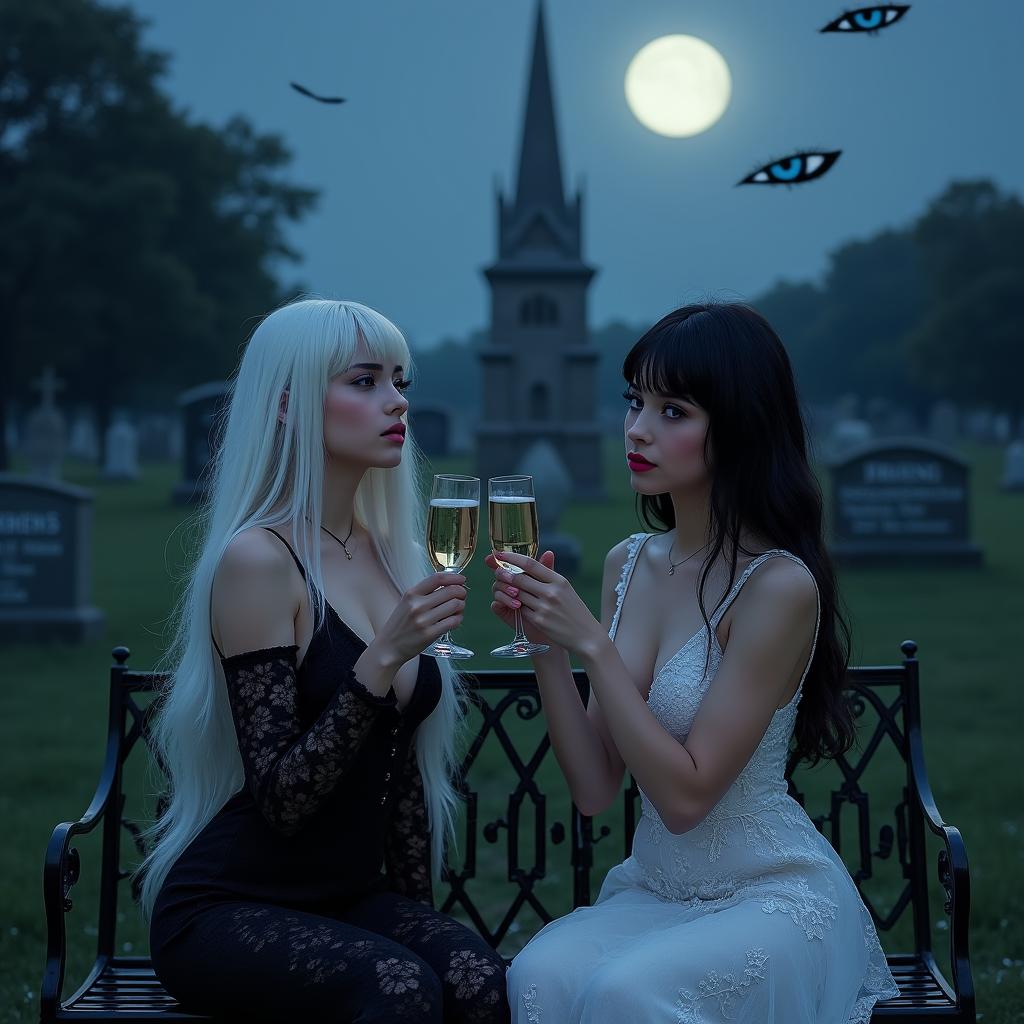 A very beautiful and stunning scene featuring two attractive 18-year-old girls in a cemetery at midnight