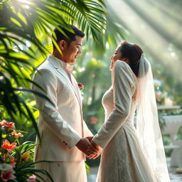A serene and emotional scene depicting a traditional Filipino wedding, with a focus on the bride and groom