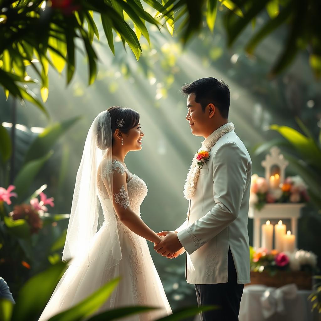 A serene and emotional scene depicting a traditional Filipino wedding, with a focus on the bride and groom