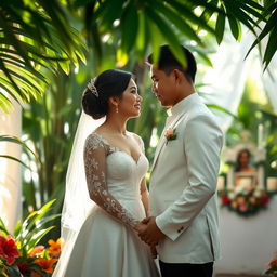 A serene and emotional scene depicting a traditional Filipino wedding, with a focus on the bride and groom