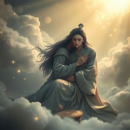 A dramatic scene depicting the tragic moment when the wife of Bulan, a mythical figure, passes away due to heart disease