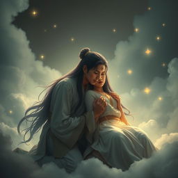 A dramatic scene depicting the tragic moment when the wife of Bulan, a mythical figure, passes away due to heart disease