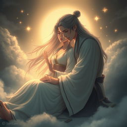 A dramatic scene depicting the tragic moment when the wife of Bulan, a mythical figure, passes away due to heart disease