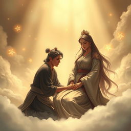 A dramatic scene depicting the tragic moment when the wife of Bulan, a mythical figure, passes away due to heart disease
