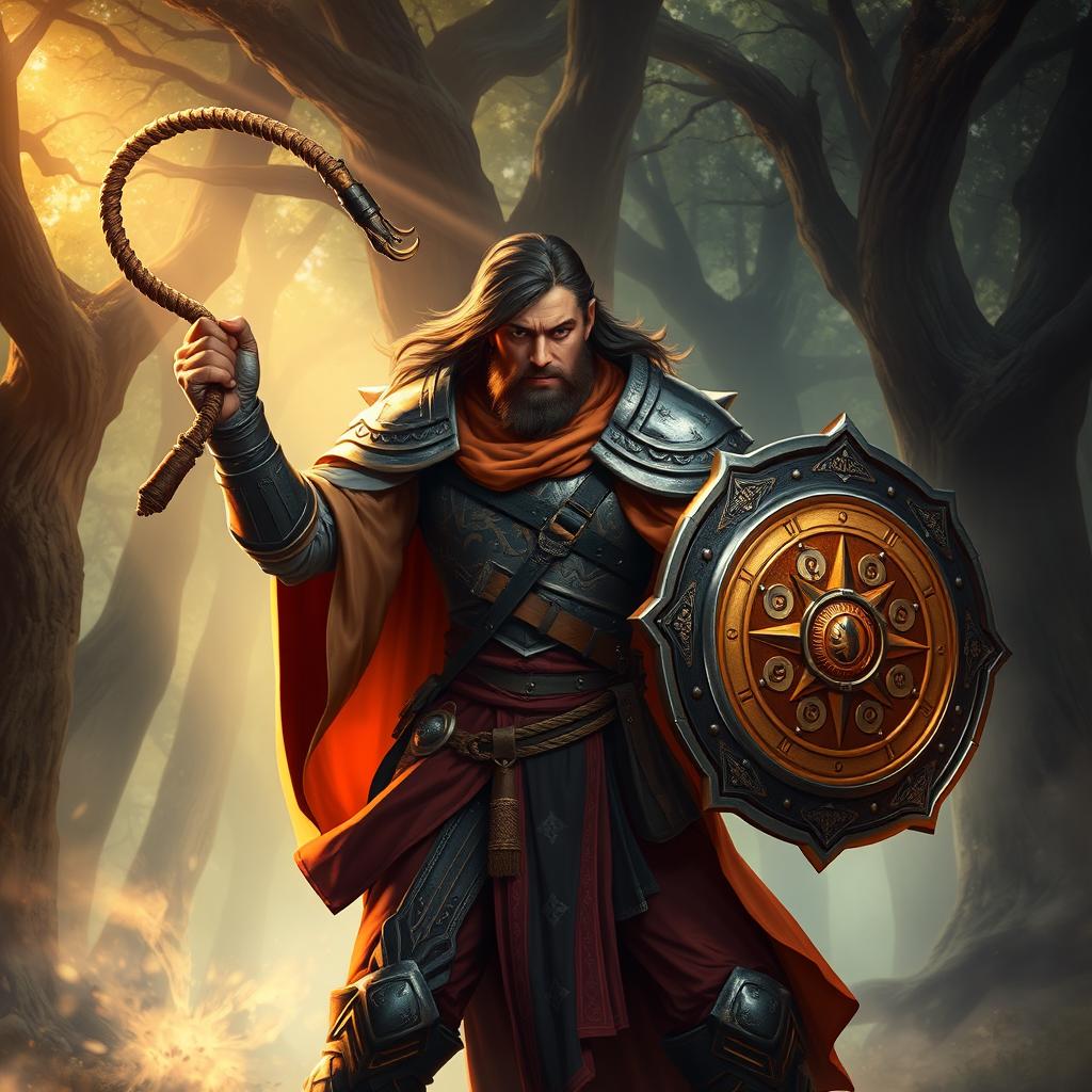 A heroic cleric wielding a whip in one hand and a sturdy shield in the other, dressed in intricate armor adorned with holy symbols and vibrant robes
