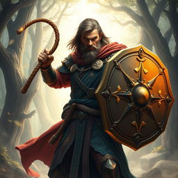 A heroic cleric wielding a whip in one hand and a sturdy shield in the other, dressed in intricate armor adorned with holy symbols and vibrant robes