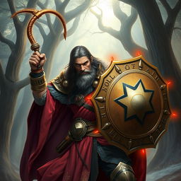 A heroic cleric wielding a whip in one hand and a sturdy shield in the other, dressed in intricate armor adorned with holy symbols and vibrant robes