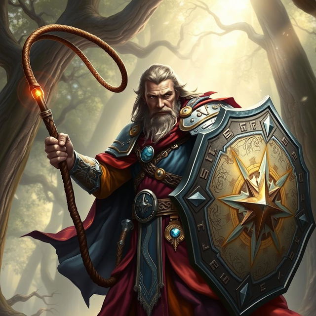 A heroic cleric wielding a whip in one hand and a sturdy shield in the other, dressed in intricate armor adorned with holy symbols and vibrant robes