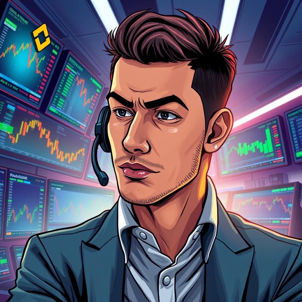 A dynamic and striking illustration of a Binance trading merchant, showcasing their environment filled with digital trading screens displaying cryptocurrency market trends and charts