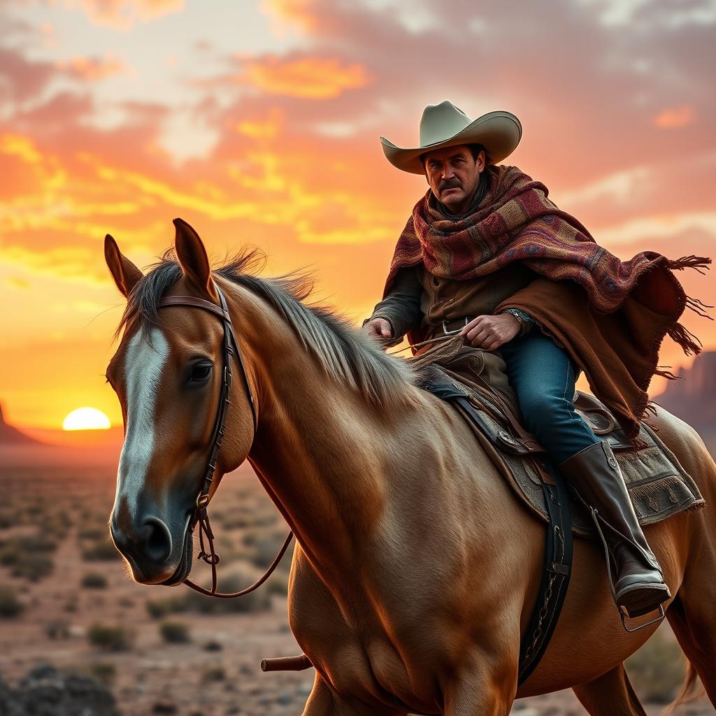 A rugged vaquero riding a powerful, majestic horse in an epic Western landscape