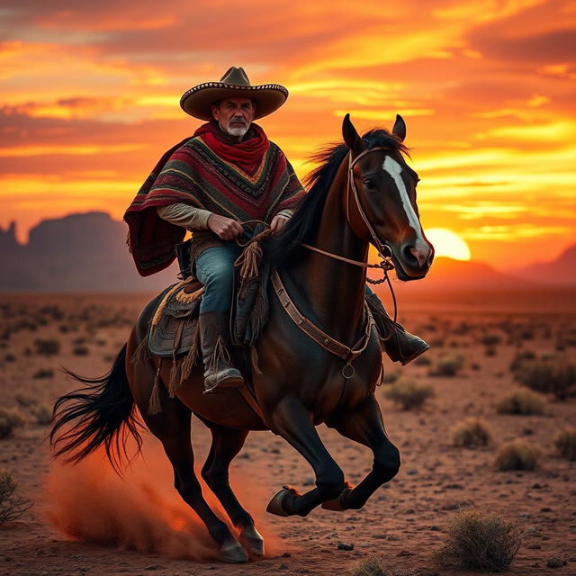 A rugged vaquero riding a powerful, majestic horse in an epic Western landscape