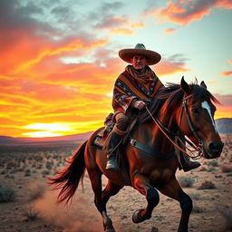 A rugged vaquero riding a powerful, majestic horse in an epic Western landscape