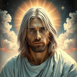 A surreal interpretation of Kurt Cobain as Jesus Christ, featuring him with striking silver hair