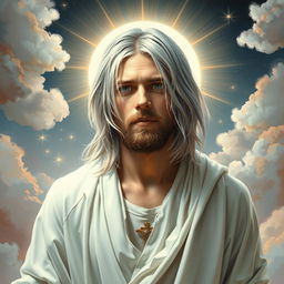A surreal interpretation of Kurt Cobain as Jesus Christ, featuring him with striking silver hair