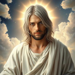 A surreal interpretation of Kurt Cobain as Jesus Christ, featuring him with striking silver hair
