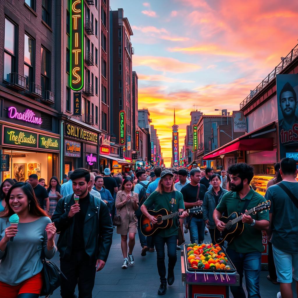 A vibrant and colorful scene of a bustling city street at sunset, filled with diverse people walking, some enjoying street food, others engaged in conversations