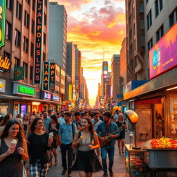 A vibrant and colorful scene of a bustling city street at sunset, filled with diverse people walking, some enjoying street food, others engaged in conversations