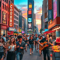 A vibrant and colorful scene of a bustling city street at sunset, filled with diverse people walking, some enjoying street food, others engaged in conversations