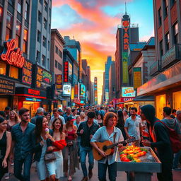 A vibrant and colorful scene of a bustling city street at sunset, filled with diverse people walking, some enjoying street food, others engaged in conversations
