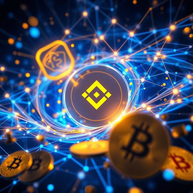 A futuristic digital artwork depicting the Binance logo prominently in the center, surrounded by dynamic, swirling colors of blue and gold