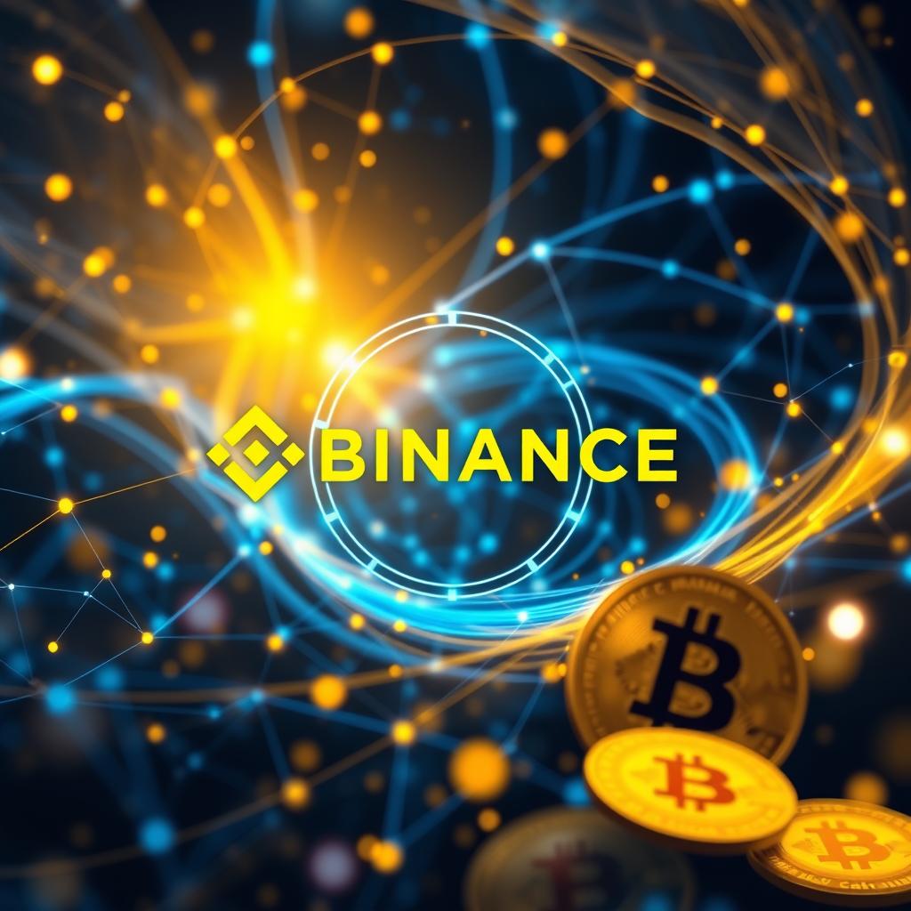 A futuristic digital artwork depicting the Binance logo prominently in the center, surrounded by dynamic, swirling colors of blue and gold