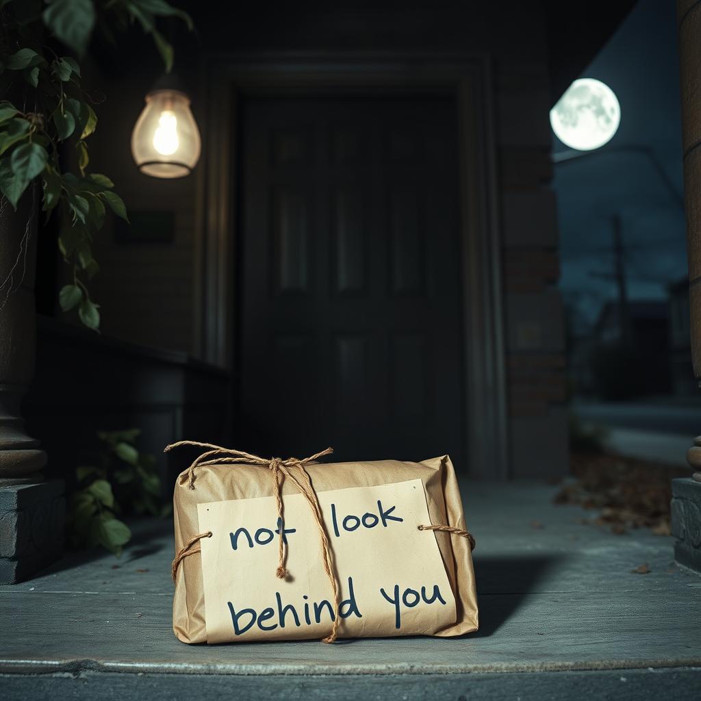 A mysterious, scary package sits ominously at the front door of an old, creaky house, with a handwritten note attached to it that reads, 'Do not look behind you