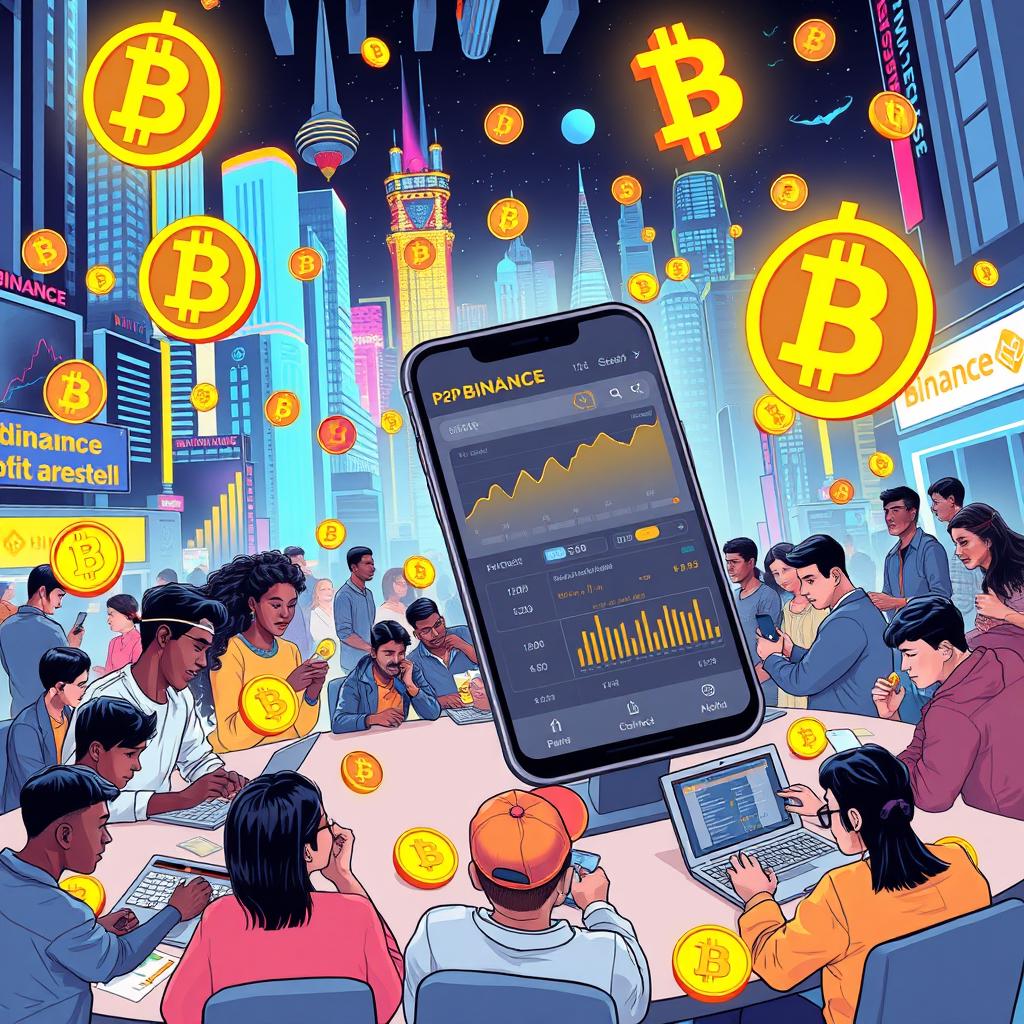 An intricate illustration of a dynamic Binance P2P marketplace, showcasing a vibrant, digital environment filled with diverse individuals engaging in cryptocurrency transactions