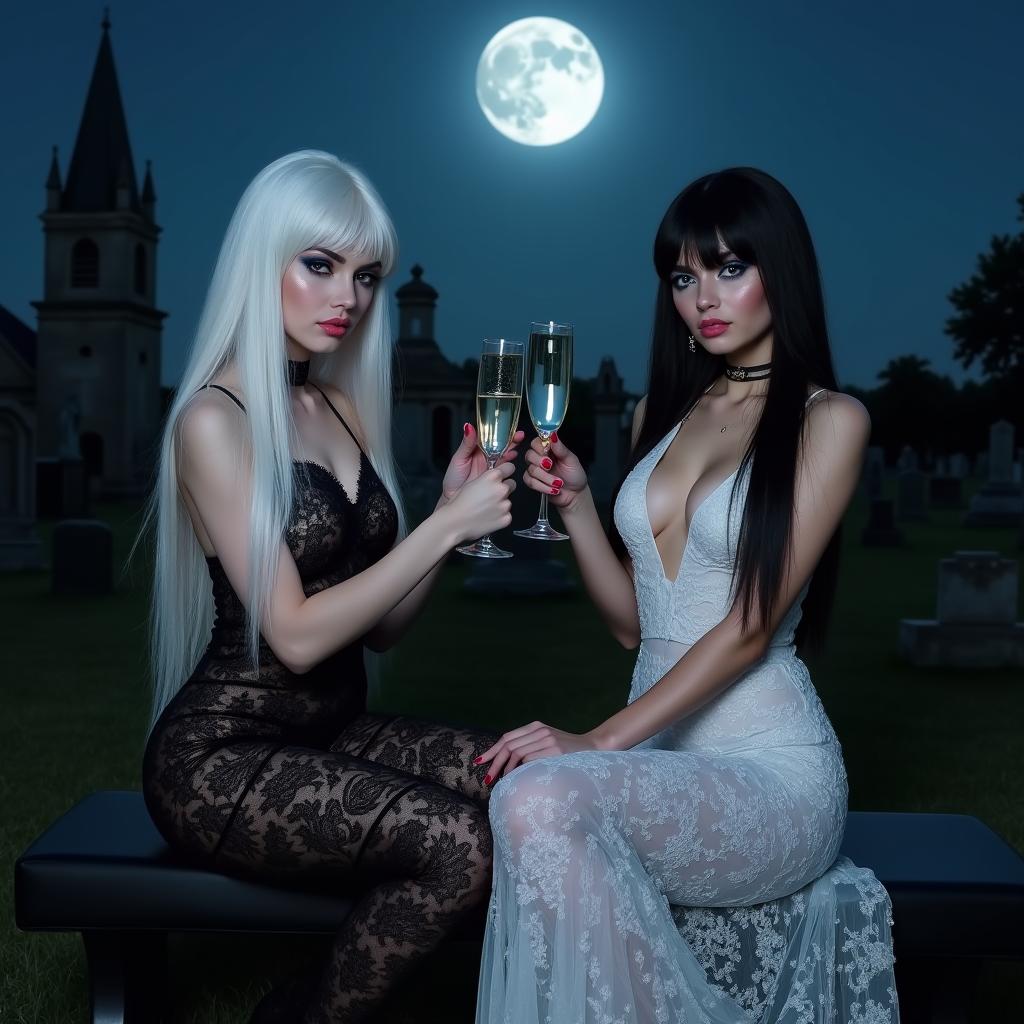 A very beautiful and stunning scene featuring two attractive 18-year-old girls in a cemetery at midnight