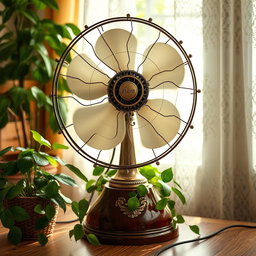 A beautifully intricate electric fan with vintage elegance, featuring ornate metalwork and a polished wood base, surrounded by a warm and inviting room filled with greenery and soft sunlight pouring through lace curtains