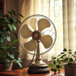 A beautifully intricate electric fan with vintage elegance, featuring ornate metalwork and a polished wood base, surrounded by a warm and inviting room filled with greenery and soft sunlight pouring through lace curtains