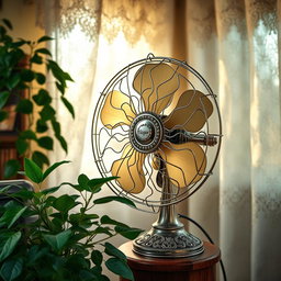 A beautifully intricate electric fan with vintage elegance, featuring ornate metalwork and a polished wood base, surrounded by a warm and inviting room filled with greenery and soft sunlight pouring through lace curtains