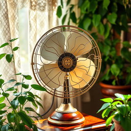 A beautifully intricate electric fan with vintage elegance, featuring ornate metalwork and a polished wood base, surrounded by a warm and inviting room filled with greenery and soft sunlight pouring through lace curtains