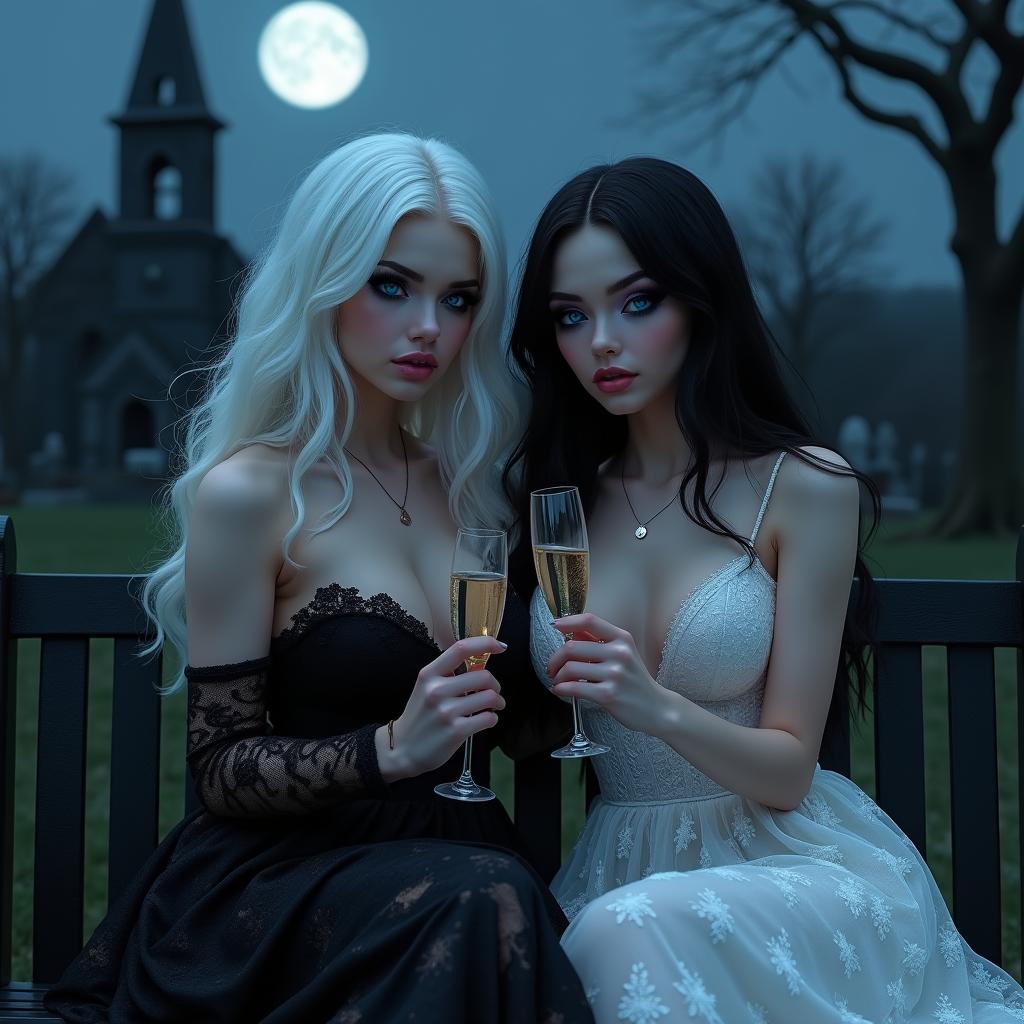 A very beautiful, attractive, stunning, curvy, shapely girl with white hair, dressed in a tight, low-cut, long black lace gown