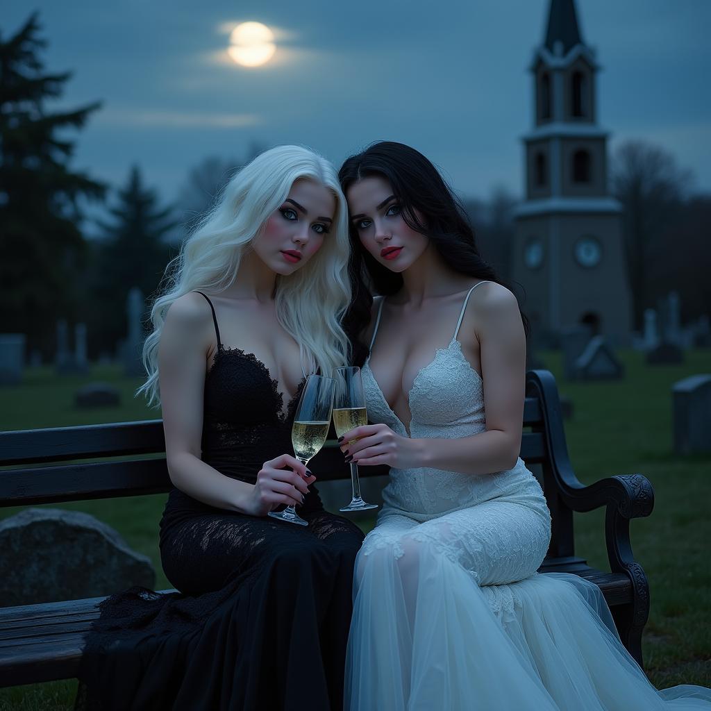 A very beautiful, attractive, stunning, curvy, shapely girl with white hair, dressed in a tight, low-cut, long black lace gown