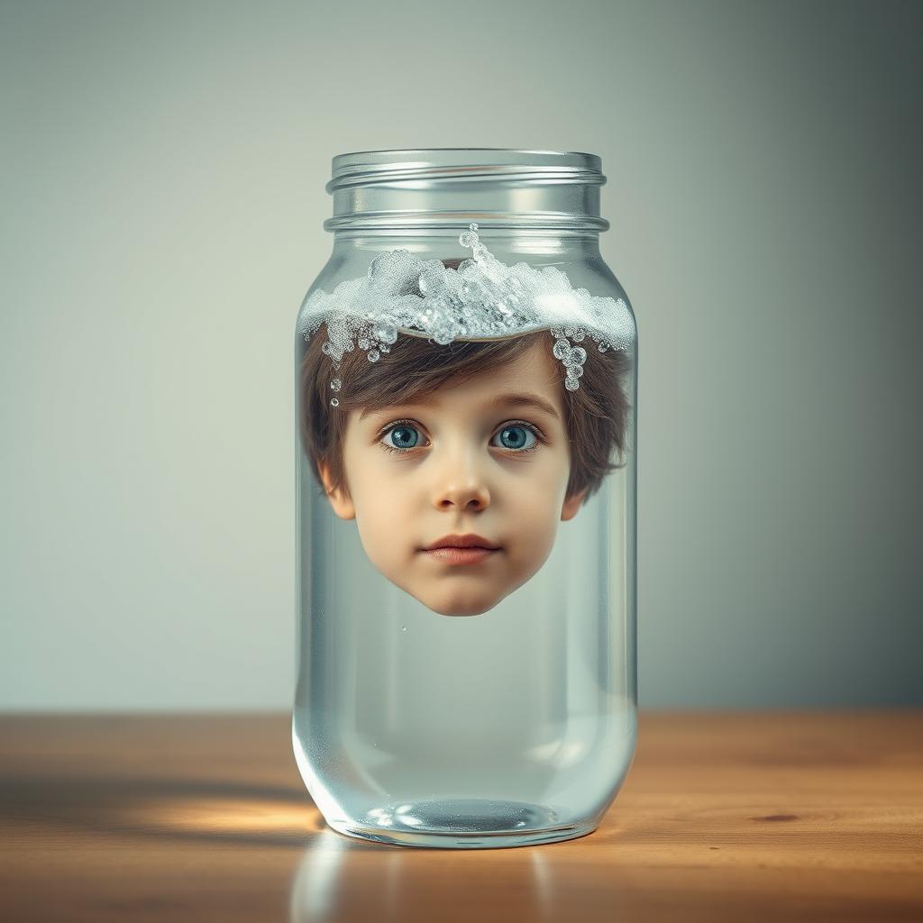 A creative and whimsical image featuring a person's face inside a glass jar filled with clear water