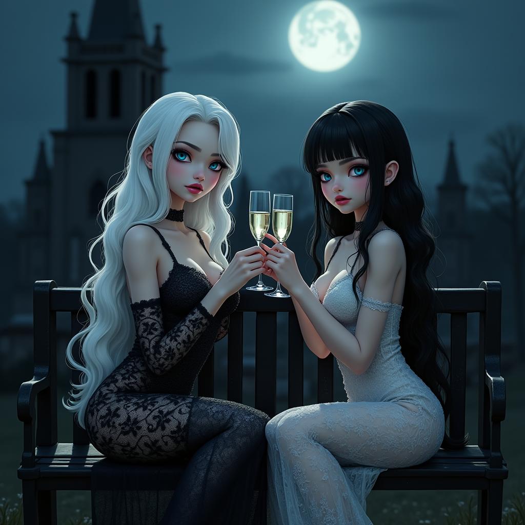 A very beautiful, attractive, stunning, curvy, shapely girl with white hair, dressed in an extremely tight, low-cut, long black lace gown
