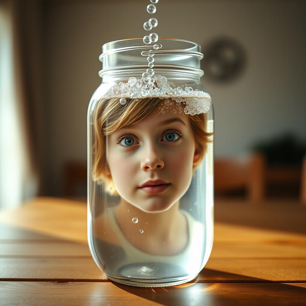 A creative and whimsical image featuring a person's face inside a glass jar filled with clear water