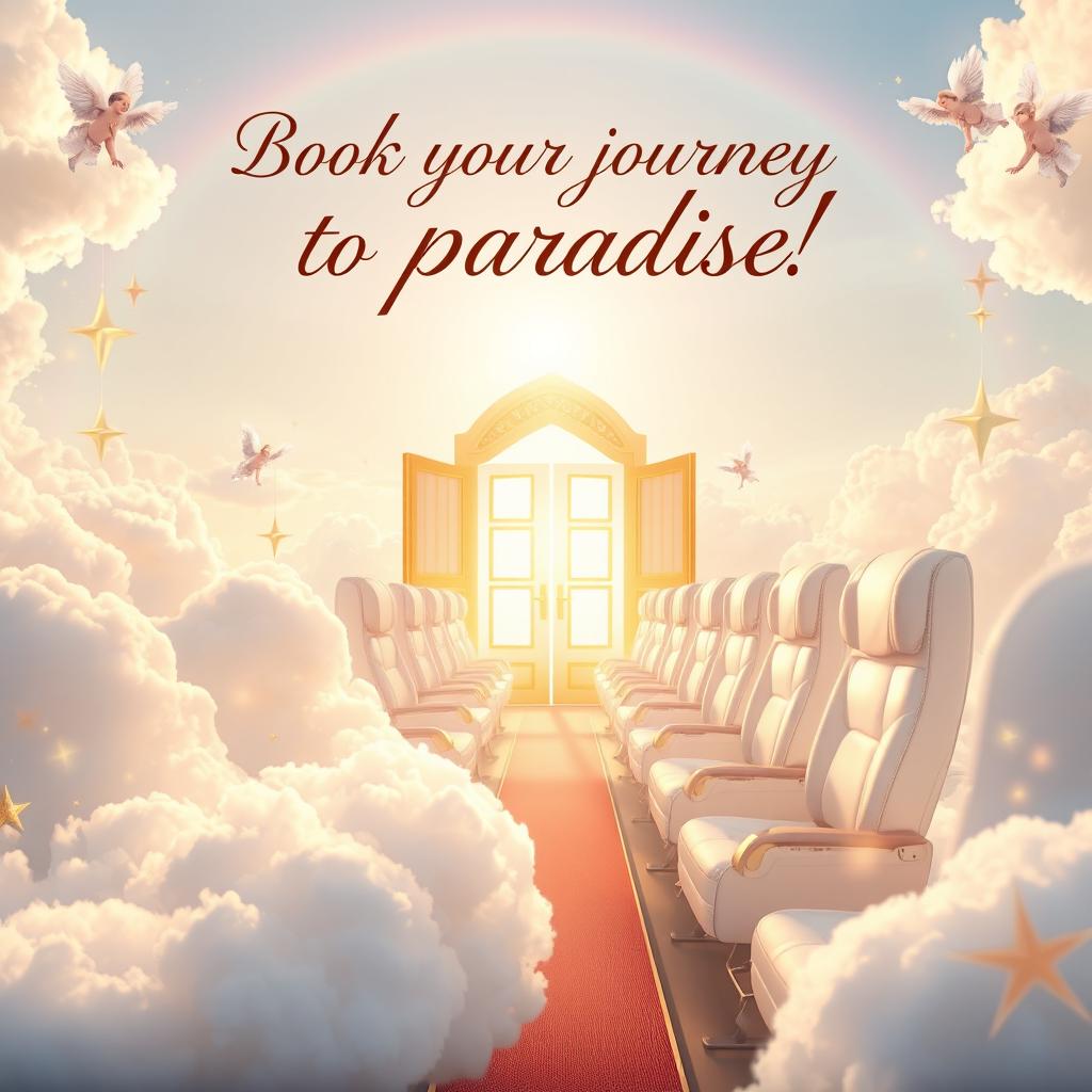 A stunning and ethereal advertisement for flights to heaven, featuring a bright, heavenly cloudscape with golden gates in the background bathed in soft, radiant light