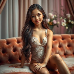 A sensual girl with long flowing hair, wearing a delicate lace bodysuit, sitting gracefully on a plush velvet couch