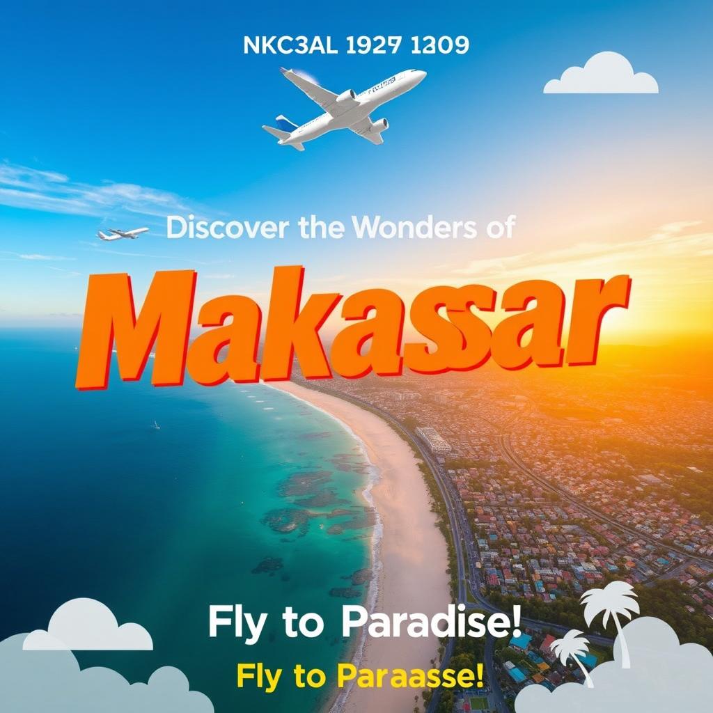 A vibrant and captivating flight advertisement poster for the Makassar IMIP route