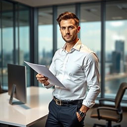 A focused man standing confidently in a modern office setting, holding a piece of paper in his right hand