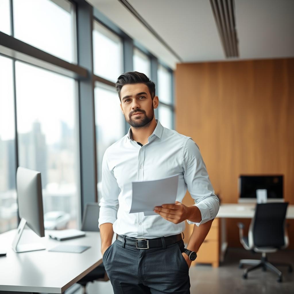 A focused man standing confidently in a modern office setting, holding a piece of paper in his right hand