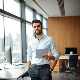 A focused man standing confidently in a modern office setting, holding a piece of paper in his right hand