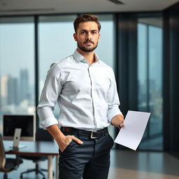 A focused man standing confidently in a modern office setting, holding a piece of paper in his right hand