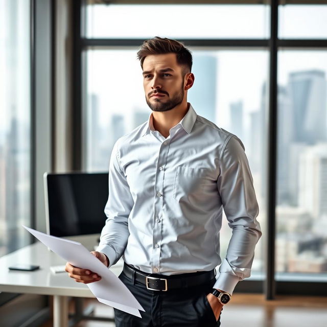A focused man standing confidently in a modern office setting, holding a piece of paper in his right hand