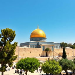 A beautiful panoramic view of Masjid Al-Aqsa, showcasing its stunning golden dome against a bright blue sky