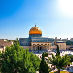A beautiful panoramic view of Masjid Al-Aqsa, showcasing its stunning golden dome against a bright blue sky